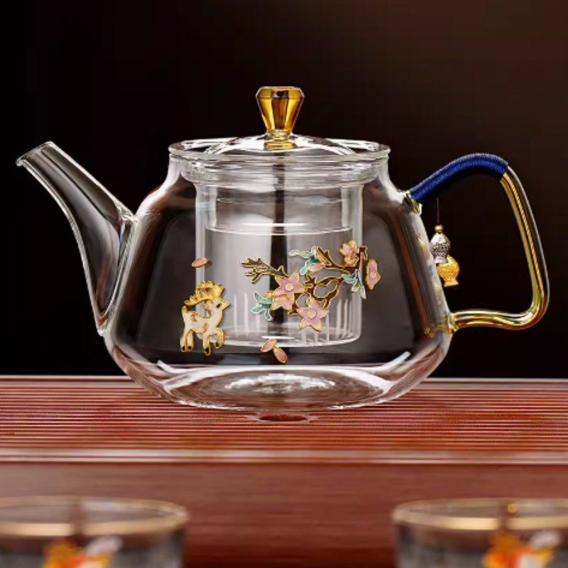 20.3 Fl Oz Deer With Flower Pattern Transparent Glass Infuser Teapot With Golden Handle 20.3 Fl Oz Deer With Flower Pattern Transparent Glass Infuser Teapot With Golden Handle
