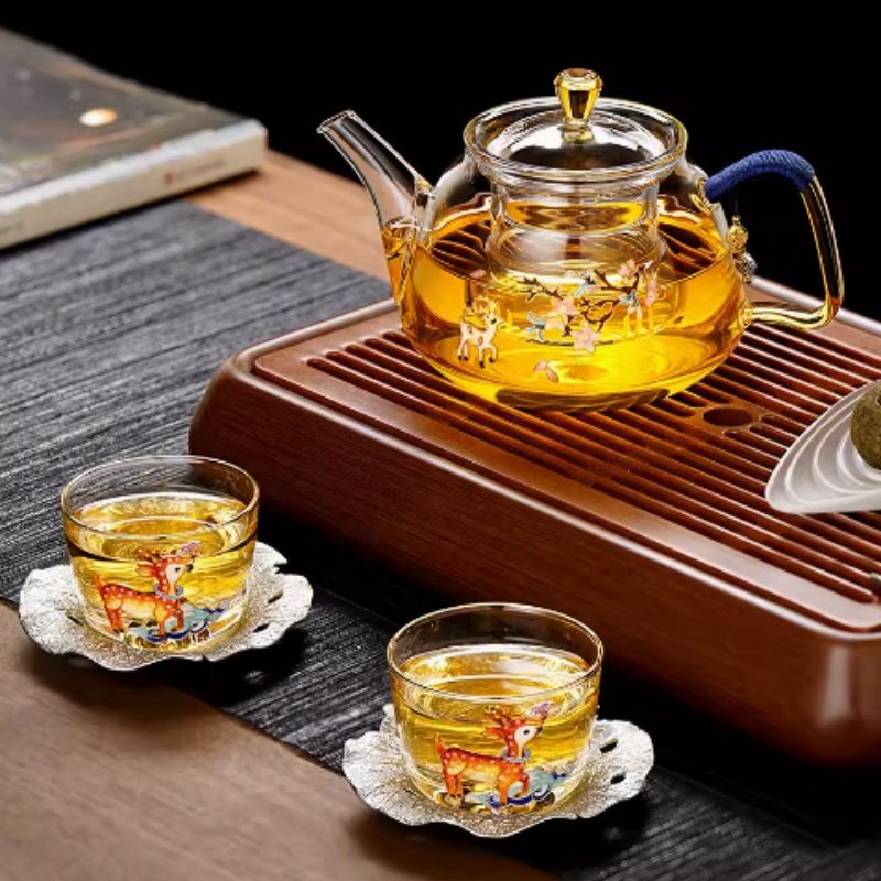 20.3 Fl Oz Deer With Flower Pattern Transparent Glass Infuser Teapot With Golden Handle 20.3 Fl Oz Deer With Flower Pattern Transparent Glass Infuser Teapot With Golden Handle