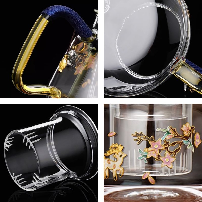 20.3 Fl Oz Deer With Flower Pattern Transparent Glass Infuser Teapot With Golden Handle 20.3 Fl Oz Deer With Flower Pattern Transparent Glass Infuser Teapot With Golden Handle