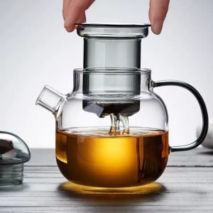 22 Fl Oz Grey High Borosilicate Glass Tea Pot With Mushroom Lid And Infuser Glass