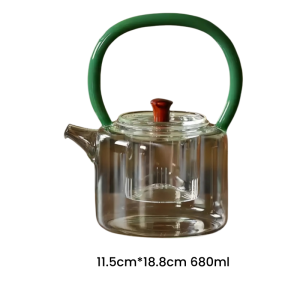 23 Fl Oz Crystal Clear Blooming Tea Glass Tea Kettle With Green Handle And Infuser Glass