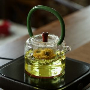 23 Fl Oz Crystal Clear Blooming Tea Glass Tea Kettle With Green Handle And Infuser Glass