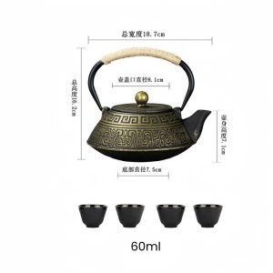 27 Fl Oz Golden Handcrafted Vintage Rich Pattern Cast Iron Enamel Tea Pot Set
