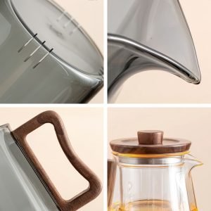 Modern Grey And Transparent Clear Glass Tea Sets With Wooden Handle And Lid For Adults