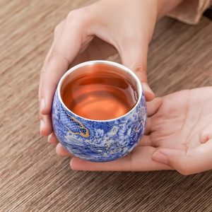 Vintage Chinese Blue And White With Silver Gilding Ceramic Blue Dragon Ten Thousand Flowers Pattern Tea Cup