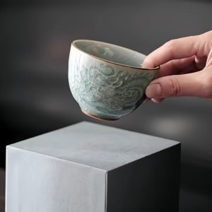 Cyan And Beige Chinese Ceramic Ice Crackle Glaze Relief Dragon Gongfu Master Tea Cup Set