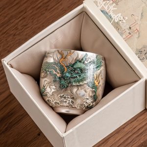 Traditional Porcelain Silver Gilding Year Of The Dragon Tea Cups With Green Dragon Through The Clouds Pattern