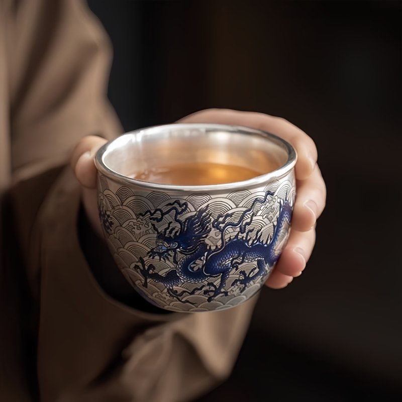 Handmade Vintage Silver Gilding Blue And White Porcelain Dragon Pattern Gongfu Tea Cup Year Of The Dragon Handmade Vintage Silver Gilding Blue And White Porcelain Dragon Pattern Gongfu Tea Cup Year Of The Dragon