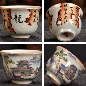 Ru Kiln Antique Landscape Calligraphy Traditional Crack Glaze Ceramic Chinese Tea Ceremony Sets