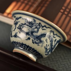 Vintage Chinese Blue And White Porcelain Dragon Pattern Hand-pressed Tea Cup Inner Painted Poetry