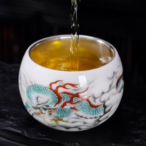 Chinese Vintage White Jade Porcelain Gilded In Silver Year Of The Dragon Large Kungfu Tea Cup