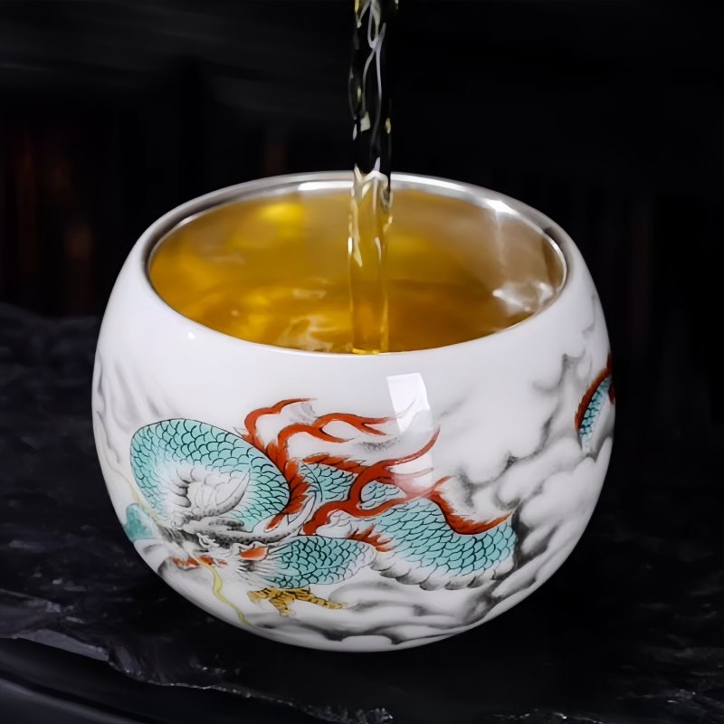 Chinese Vintage White Jade Porcelain Gilded In Silver Year Of The Dragon Large Kungfu Tea Cup Chinese Vintage White Jade Porcelain Gilded In Silver Year Of The Dragon Large Kungfu Tea Cup