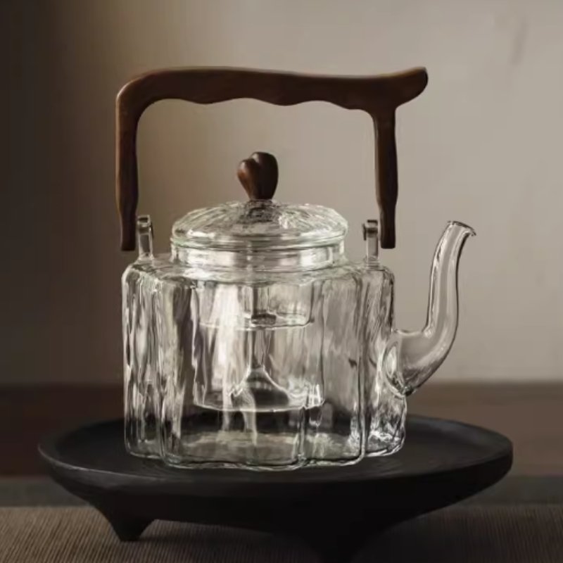 37.2 Fl Oz Large Transparent Clear Hammered Glass Tea Kettle With Wooden Handle And Glass Infuser 37.2 Fl Oz Large Transparent Clear Hammered Glass Tea Kettle With Wooden Handle And Glass Infuser