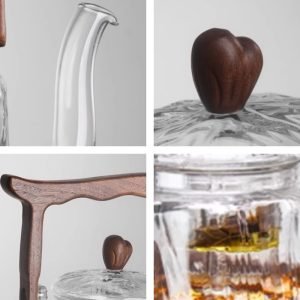 37.2 Fl Oz Large Transparent Clear Hammered Glass Tea Kettle With Wooden Handle And Glass Infuser