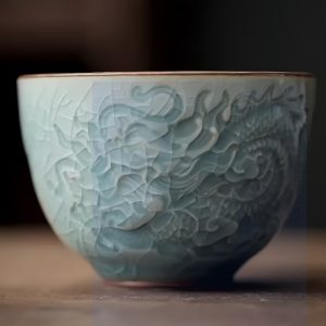 Cyan And Beige Chinese Ceramic Ice Crackle Glaze Relief Dragon Gongfu Master Tea Cup Set