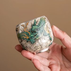 Traditional Porcelain Silver Gilding Year Of The Dragon Tea Cups With Green Dragon Through The Clouds Pattern