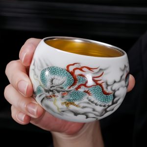 Chinese Vintage White Jade Porcelain Gilded In Silver Year Of The Dragon Large Kungfu Tea Cup