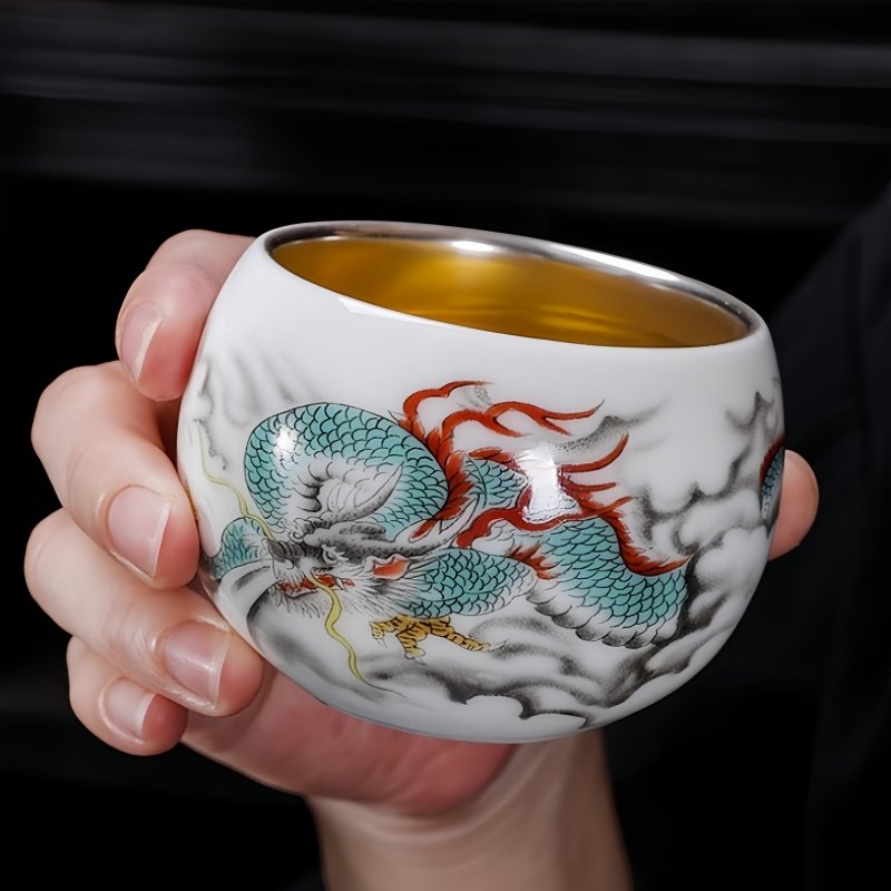 Chinese Vintage White Jade Porcelain Gilded In Silver Year Of The Dragon Large Kungfu Tea Cup Chinese Vintage White Jade Porcelain Gilded In Silver Year Of The Dragon Large Kungfu Tea Cup