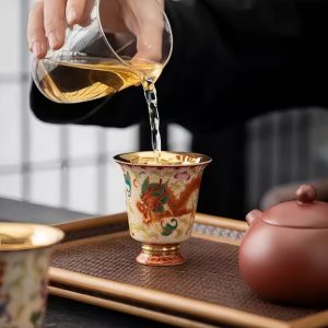 Enamel Color Technique Gilded Dragon And Phoenix Pattern Porcelain Tea Cups Set