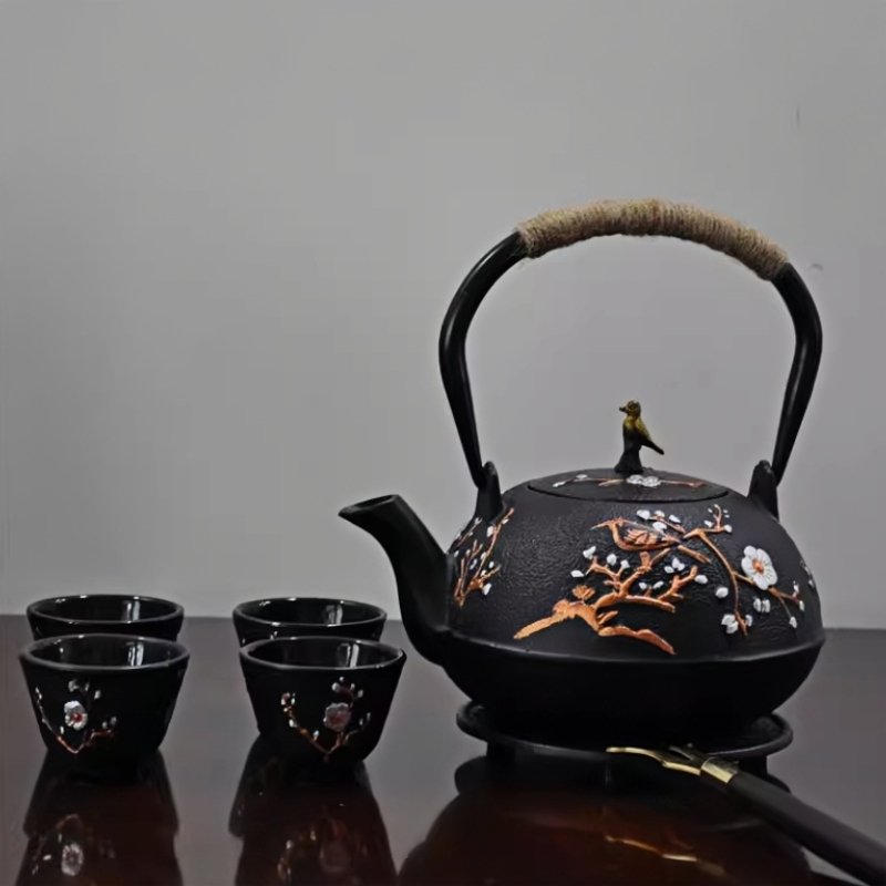 40.6 Fl Oz Large Magpie With Plum Pattern Antique Cast Iron Teapot Set For Sale 40.6 Fl Oz Large Magpie With Plum Pattern Antique Cast Iron Teapot Set For Sale