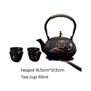 40.6 Fl Oz Large Magpie With Plum Pattern Antique Cast Iron Teapot Set For Sale