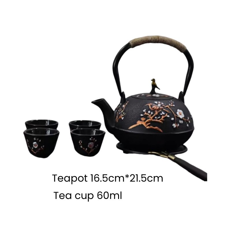 40.6 Fl Oz Large Magpie With Plum Pattern Antique Cast Iron Teapot Set For Sale 40.6 Fl Oz Large Magpie With Plum Pattern Antique Cast Iron Teapot Set For Sale