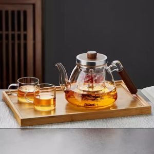 41.6 Fl Oz Large Modern High Borosilicate Glass Tea Pot With Glass Infuser And Wooden Handle