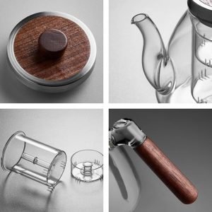 41.6 Fl Oz Large Modern High Borosilicate Glass Tea Pot With Glass Infuser And Wooden Handle