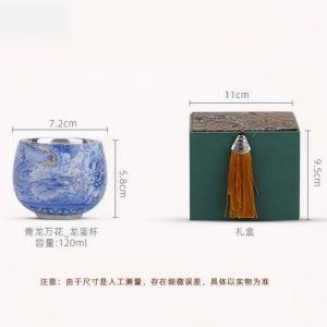 Vintage Chinese Blue And White With Silver Gilding Ceramic Blue Dragon Ten Thousand Flowers Pattern Tea Cup