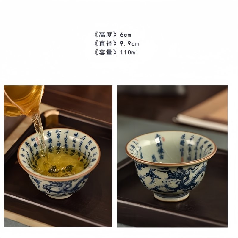 Vintage Chinese Blue And White Porcelain Dragon Pattern Hand-pressed Tea Cup Inner Painted Poetry Vintage Chinese Blue And White Porcelain Dragon Pattern Hand-pressed Tea Cup Inner Painted Poetry