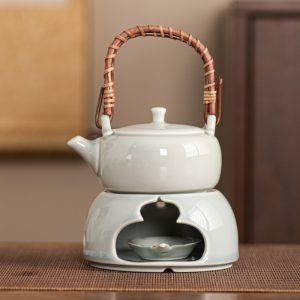 6.8 Fl Oz Ash Glaze Traditional Porcelain Tea Kettle With Candle Warmer Set