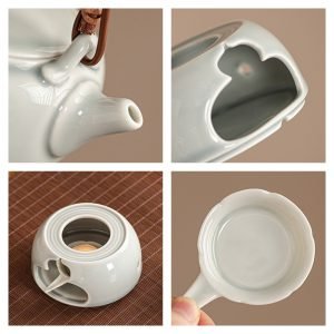 6.8 Fl Oz Ash Glaze Traditional Porcelain Tea Kettle With Candle Warmer Set