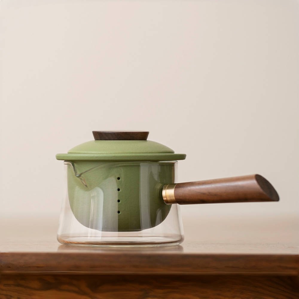 6.8 Fl Oz Small Vintage Heat Resistant Glass Tea Pot With Green Ceramic Infuser And Wooden Handle 6.8 Fl Oz Small Vintage Heat Resistant Glass Tea Pot With Green Ceramic Infuser And Wooden Handle