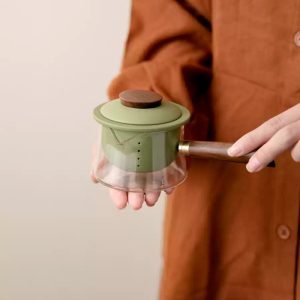 6.8 Fl Oz Small Vintage Heat Resistant Glass Tea Pot With Green Ceramic Infuser And Wooden Handle