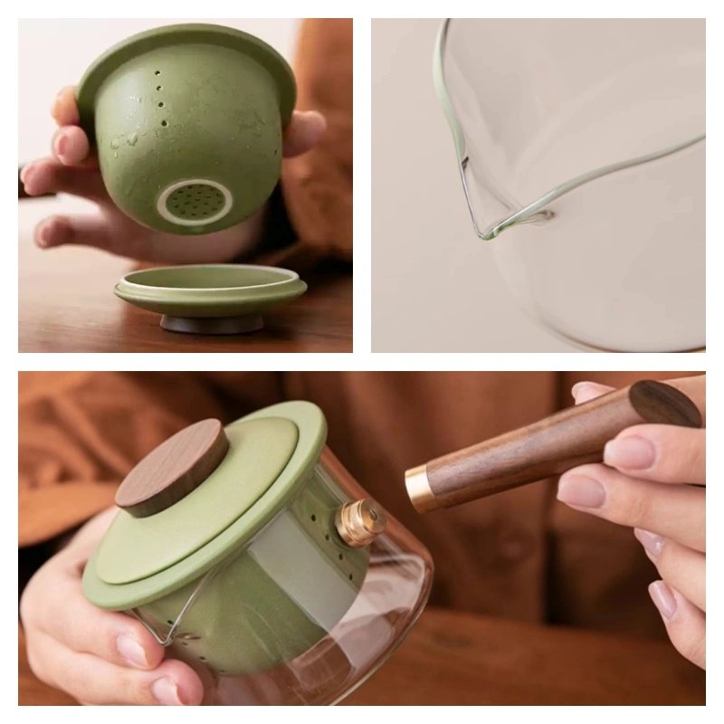 6.8 Fl Oz Small Vintage Heat Resistant Glass Tea Pot With Green Ceramic Infuser And Wooden Handle 6.8 Fl Oz Small Vintage Heat Resistant Glass Tea Pot With Green Ceramic Infuser And Wooden Handle