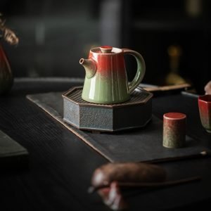 6.9 Fl Oz/205 Ml Handmade Green And Red Vintage Chinese Rough Pottery Teapot