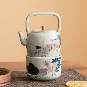 7.1 Fl Oz Antique Ice Crack Glaze Magnolia Flower Theme Porcelain Teapot And Candle Warmer