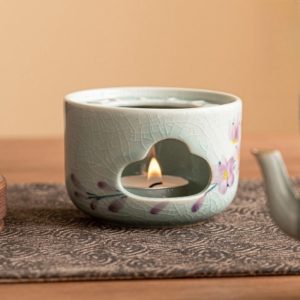 7.1 Fl Oz Antique Ice Crack Glaze Magnolia Flower Theme Porcelain Teapot And Candle Warmer