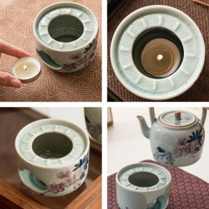 7.1 Fl Oz Antique Ice Crack Glaze Magnolia Flower Theme Porcelain Teapot And Candle Warmer