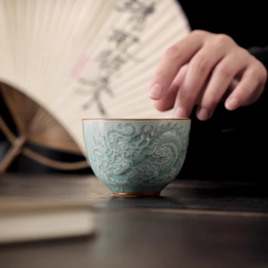 Cyan And Beige Chinese Ceramic Ice Crackle Glaze Relief Dragon Gongfu Master Tea Cup Set