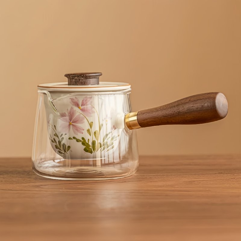 7.4 Fl Oz Small Hand Painted Daisy Pattern Glass Teapot With Ceramic Infuser And Wooden Handle 7.4 Fl Oz Small Hand Painted Daisy Pattern Glass Teapot With Ceramic Infuser And Wooden Handle