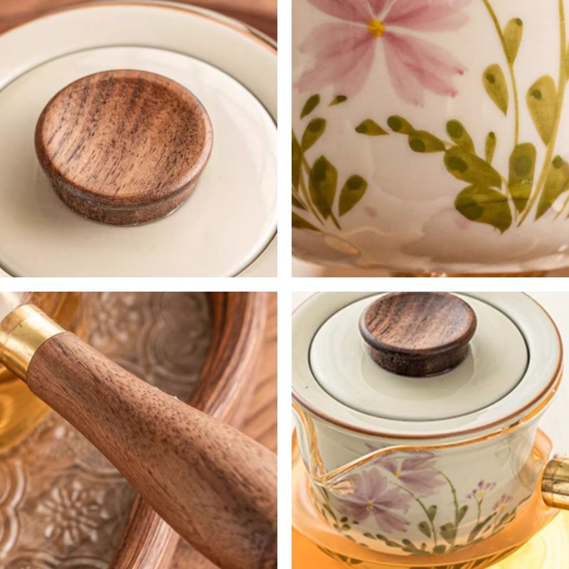 7.4 Fl Oz Small Hand Painted Daisy Pattern Glass Teapot With Ceramic Infuser And Wooden Handle 7.4 Fl Oz Small Hand Painted Daisy Pattern Glass Teapot With Ceramic Infuser And Wooden Handle