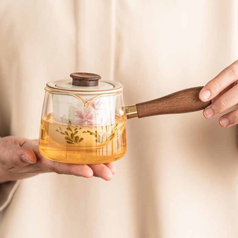 7.4 Fl Oz Small Hand Painted Daisy Pattern Glass Teapot With Ceramic Infuser And Wooden Handle 7.4 Fl Oz Small Hand Painted Daisy Pattern Glass Teapot With Ceramic Infuser And Wooden Handle
