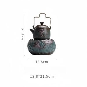 7.4 Fl Oz Vintage Rust Glaze Lotus Theme Old Pottery Heated Tea Kettle With Wax Warmer Set
