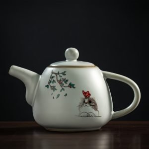 8.1 Fl Oz/240 Ml Ru Kiln Hand Painted Cat Theme Antique Chinese Porcelain Teapot