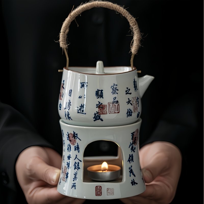 8.5 Fl Oz Small Antique Traditional Poem Theme Ceramic Tea Pot With Wax Warmer Set 8.5 Fl Oz Small Antique Traditional Poem Theme Ceramic Tea Pot With Wax Warmer Set