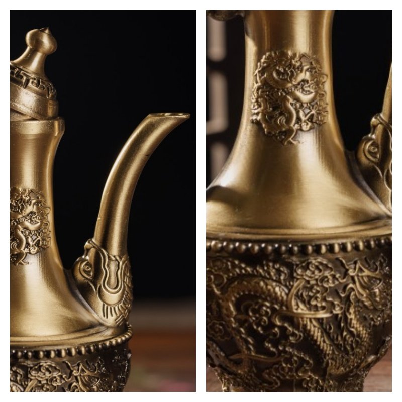 Ancient Tall Dragon And Phoenix Theme Handcrafted Brass Teapot Antique For Sale Ancient Tall Dragon And Phoenix Theme Handcrafted Brass Teapot Antique For Sale