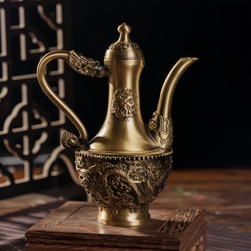 Ancient Tall Dragon And Phoenix Theme Handcrafted Brass Teapot Antique For Sale Ancient Tall Dragon And Phoenix Theme Handcrafted Brass Teapot Antique For Sale
