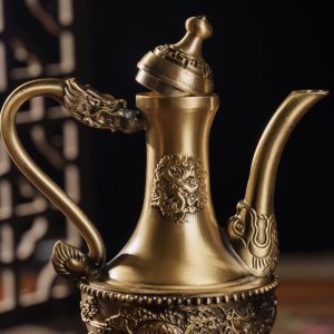 Ancient Tall Dragon And Phoenix Theme Handcrafted Brass Teapot Antique For Sale