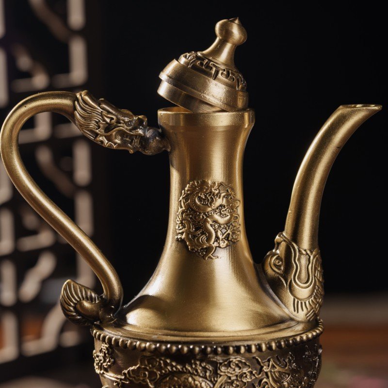 Ancient Tall Dragon And Phoenix Theme Handcrafted Brass Teapot Antique For Sale Ancient Tall Dragon And Phoenix Theme Handcrafted Brass Teapot Antique For Sale
